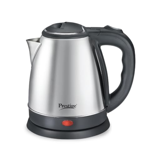 Prestige 1.5 Litres Electric Kettle (PKOSS 1.5)|1500W | Silver – Black| Automatic Cut-off | Stainless Steel | Rotatable Base | Power Indicator | Single-Touch Lid Locking