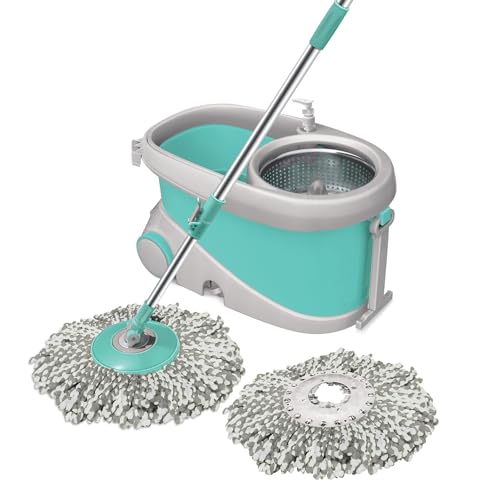 Spotzero by Milton Prime Stainless Steel Wringer Spin Mop with Big Wheel, Puller Handle, Bucket Floor Cleaning and Mopping System 360° Flexible,2 Microfiber Refills, Big Size, Aqua Green