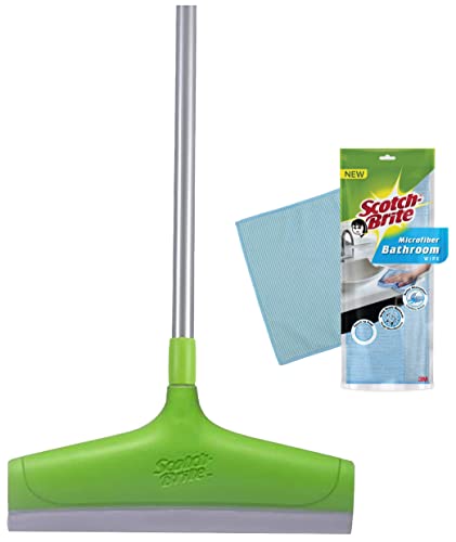 Scotch-Brite Bathroom Squeegee Plastic Wiper with Telescopic Handle (30 cm) & Microfiber Bathroom Wipe (Blue), Set of 1