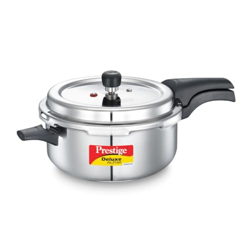 Prestige 5L Deluxe Alpha Svachh stainless steel Pressure Cooker|Outer lid|Ideal for 5-7 persons|Deep lid for spillage control|Gas & induction compatible|Silver