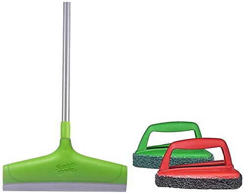 Scotch-Brite Bathroom Squeegee Plastic Wiper with Telescopic Handle (30 cm) & Fibre Bathroom Scrubber and Jet Tough Brush (Multicolour)- H18-6025,Pack of 2 Pieces