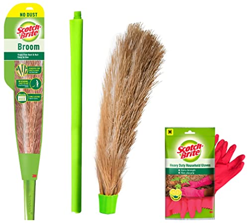 Scotch-Brite No-Dust Fiber Broom (Multi-Purpose, Green) & Heavy Duty Gloves (with Fresh Lemon Scent & Inner Cotton Lining for Comfort) Medium, Re Combo