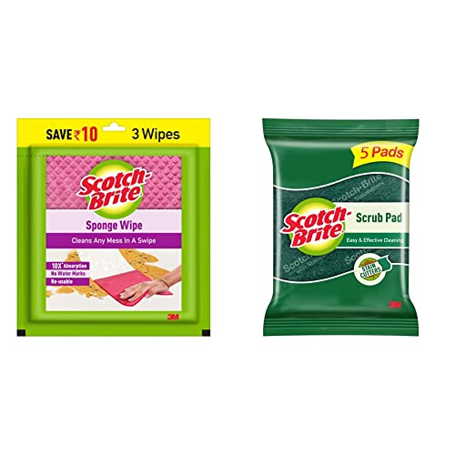 Scotch-Brite Multi-Purpose, Easy to use Kitchen Cleaning Sponge Wipe (3 -Pieces) andScotch-Brite Scrub 5 Pad (Green)