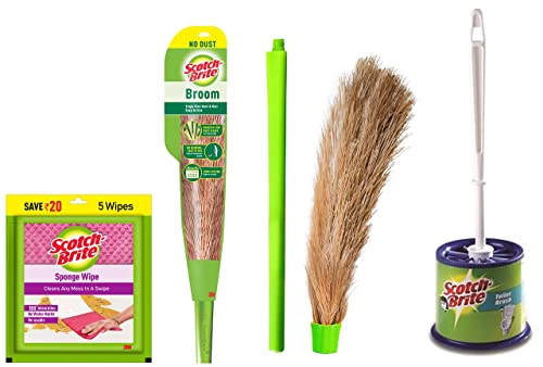 Scotch-Brite Sponge Wipe, Pack of 5 (Color and Print May Vary)&Scotch-Brite No-Dust Broom, Long Handle, Easy Floor Cleaning (Multi-use)&Scotch Brite Toilet Brush with Holder