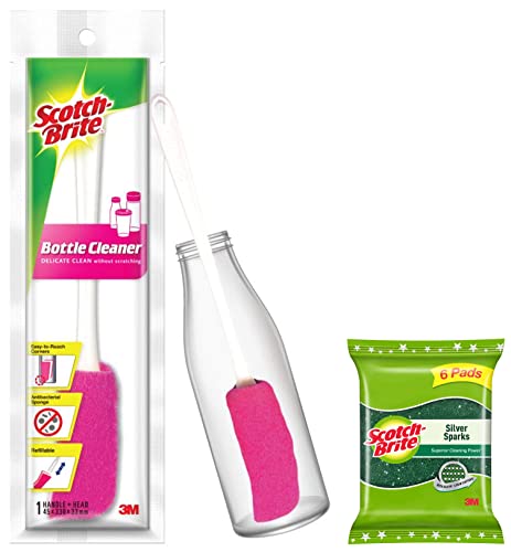 Scotch-Brite Plastic Bottle Cleaner Brush (Pink and White,Pack of 1) & Scotch-Brite Silver Sparks Scrub Pad 2.75×4 (Pack of 6)