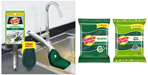 Scotch-Brite Plastic Kitchen Sink Brush (Silver) (Scotch-Brite Kitchen Sink Brush, Pack of 1)&Scotch-Brite Scrub 5 Pad (Green)&Scotch-Brite Silver Sparks Scrub Pad 2.75×4 (Pack of 6)