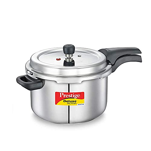 Prestige 6.5 Litres Deluxe Alpha Svachh Induction Base Outer Lid Stainless Steel Pressure Cooker | Deep lid controls spillage| Silver | Pressure Indicator | Gasket-Release System | Anti-Bulge Base