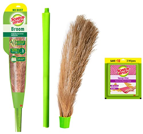 Scotch-Brite No-Dust Fiber Broom (Multi-Purpose, Green) & Sponge Wipe, Pack of 3 (Color May Vary) Combo