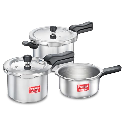 Prestige 2L+3L+5 Litres Svachh Outer Lid Aluminium Combo Pressure Cooker with 2 Lids |Deep Lid Controls Spillage | Gas & Induction Compatible | Anti-Bulge Induction Base| Gasket-release system