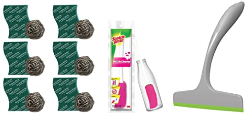 Scotch-Brite Steel Ball (Pack of 6) and Scrub Pad (Pack of 6)&Scotch-Brite Plastic Kitchen Wiper (Grey)&Scotch-Brite Plastic Bottle Cleaner Brush (Pink and White,Pack of 1)