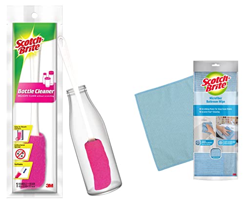 Scotch-Brite Plastic Bottle Cleaner Brush (Pink and White) & Microfiber Bathroom Wipe (Blue) Combo