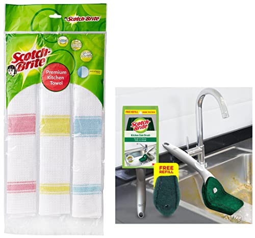 Scotch-Brite Cotton Kitchen Towels (Green, Pack of 3) (IA840188337) Plastic Kitchen Sink Brush (Silver) Kitchen Sink Brush, Pack of 1