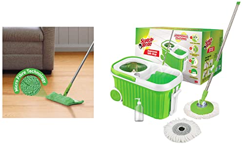 Scotch-Brite Microfiber Flat Mop with 1 Extra Refill for Magic Easy Floor Cleaning(Multi-Purpose) + Scotch-Brite Supreme Spin Bucket Mop with Steel Spinner,Wheels,Drag Handle,Drain Plug & Dispenser