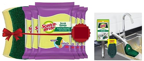 Scotch Brite Scrub Sponge – Pack of 6 & Scotch-Brite Plastic Kitchen Sink Brush (Silver) (Scotch-Brite Kitchen Sink Brush, Pack of 1)