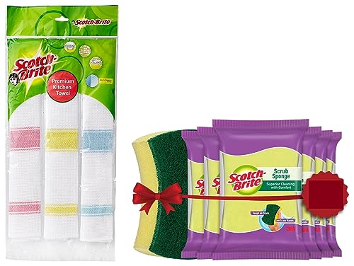 Scotch Brite Scrub Sponge – Pack of 6 & Scotch-Brite Cotton Kitchen Towels (Green, Pack of 3) (IA840188337)