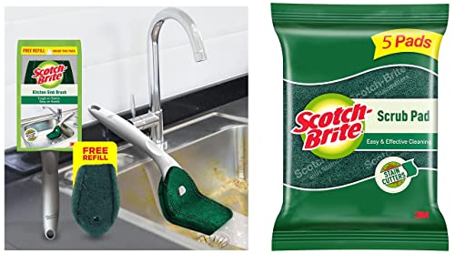 Scotch-Brite Plastic Kitchen Sink Brush (Silver) (Scotch-Brite Kitchen Sink Brush, Pack of 1) & Scotch-Brite Scrub 5 Pad (Green)