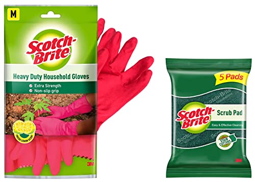 Scotch-Brite Rubber Heavy Duty Hand gloves (Inner cotton lining for comfort), 1 Pair & Scotch-Brite Scrub 5 Pad (Green)