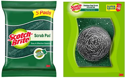 Scotch-Brite Scrub 5 Pad (Green) andScotch-Brite 1 Stainless Steel Scrubber (15g) and 2 Scrub Pads Combo