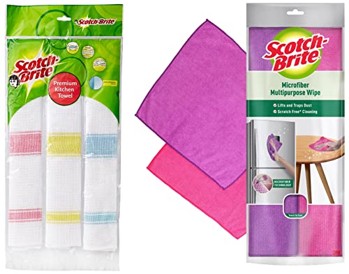 Scotch-Brite Microfiber Multipurpose Wipe (Pink and Purple, Pack of 2)+Scotch-Brite Kitchen Towels (Pack of 3) (IA840188337)