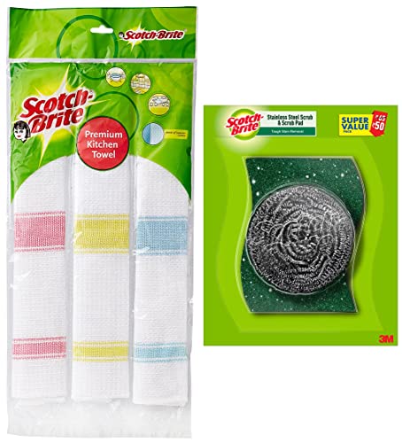 Scotch-Brite Cotton Kitchen Towels (Green, Pack of 3) (IA840188337) andScotch-Brite 1 Stainless Steel Scrubber (15g) and 2 Scrub Pads Combo