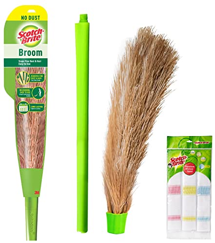 Scotch-Brite No-Dust Broom, Long Handle, Easy Floor Cleaning (Multi-use) & Scotch-Brite Cotton Kitchen Towels (Green, Pack of 3) (IA840188337)