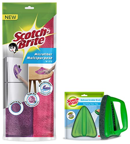 Scotch-Brite Microfiber Wipe (Pink & Purple, Pack of 2) & Scotch-Brite Bathroom Brush with abrasive scrubber (Green,Pack of 1)