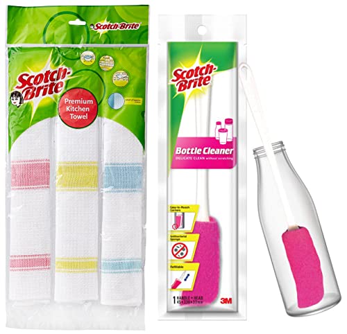 Scotch-Brite Plastic Bottle Cleaner Brush (Pink and White,Pack of 1) & Scotch-Brite Cotton Kitchen Towels (Green, Pack of 3) (IA840188337)