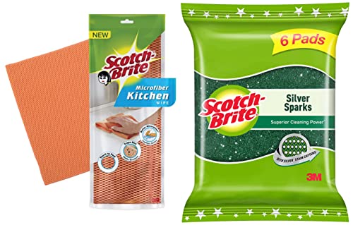 Scotch-Brite Microfiber Kitchen Wipe (Set of 1, Orange) & Scotch-Brite Silver Sparks Scrub Pad 2.75×4 (Pack of 6)