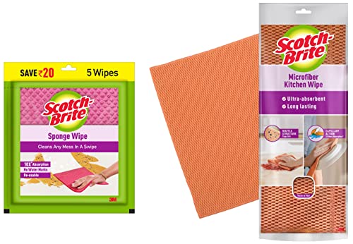 Scotch-Brite Sponge Wipe (5 Pcs) & Microfiber Kitchen Wipe (Orange) Combo