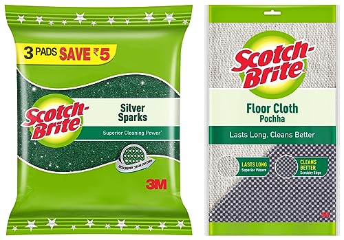 Scotch-Brite Cotton Floor Cloth (Green) & Scotch-Brite Silver Sparks Scrub Pad, 3 Pieces