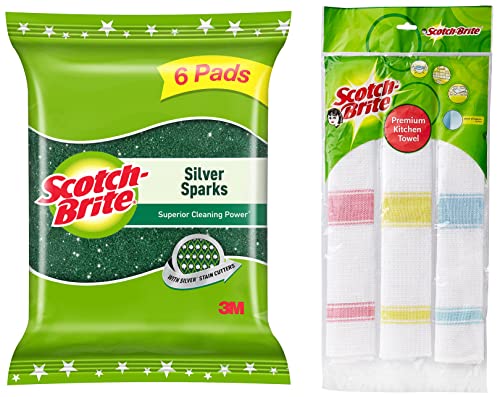 Scotch-Brite Cotton Kitchen Towels (Green, Pack of 3) (IA840188337) Silver Sparks Scrub Pad 2.75×4 (Pack of 6)