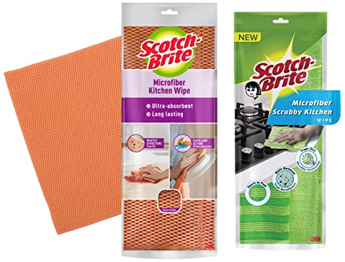 Scotch-Brite Fabric Scrub Cloth (Pack of 1, Green, Purple) & Scotch-Brite Microfiber Kitchen Wipe (Set of 1, Orange)