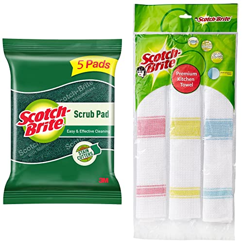 Scotch-Brite Cotton Kitchen Towels (Green, Pack of 3) (IA840188337) Scrub 5 Pad (Green)